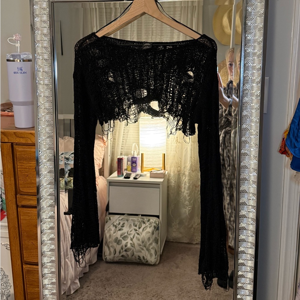 Urban Outfitters Black Distressed Off-the-shoulder Crop